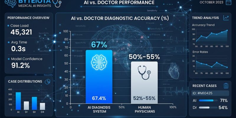 Data visualization showing AI achieving 67% diagnostic accuracy vs doctors' 50-55% in Harvard study