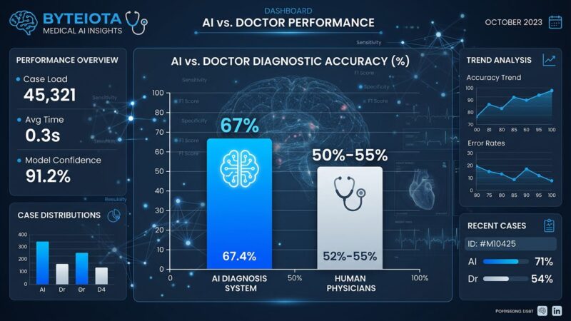 Data visualization showing AI achieving 67% diagnostic accuracy vs doctors' 50-55% in Harvard study