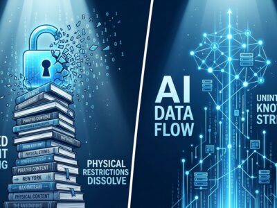 Split-screen illustration showing books with a breaking digital padlock on the left and AI data flow nodes on the right, representing the publishers vs shadow library AI training data legal battle