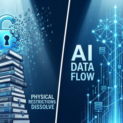 Split-screen illustration showing books with a breaking digital padlock on the left and AI data flow nodes on the right, representing the publishers vs shadow library AI training data legal battle