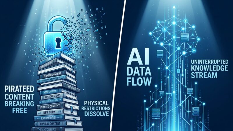 Split-screen illustration showing books with a breaking digital padlock on the left and AI data flow nodes on the right, representing the publishers vs shadow library AI training data legal battle