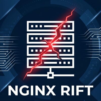 A cracked server rack icon representing the NGINX Rift heap buffer overflow vulnerability CVE-2026-42945