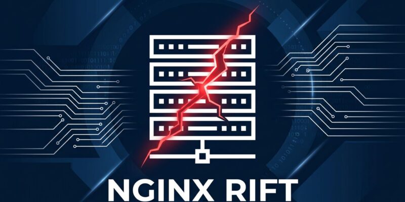 A cracked server rack icon representing the NGINX Rift heap buffer overflow vulnerability CVE-2026-42945