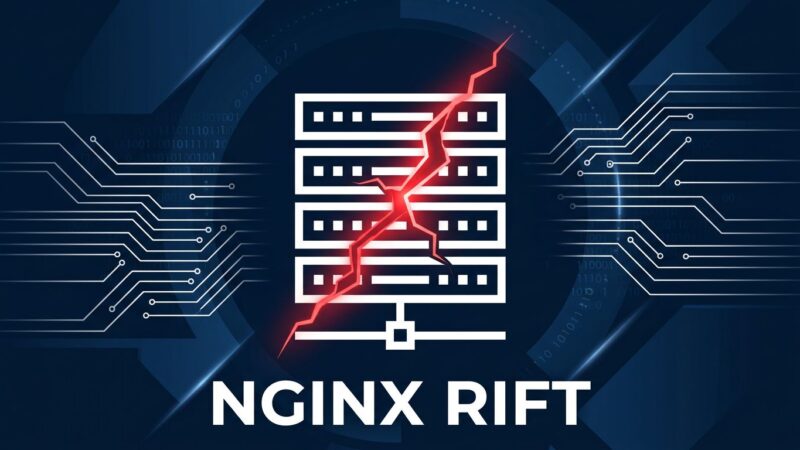 A cracked server rack icon representing the NGINX Rift heap buffer overflow vulnerability CVE-2026-42945
