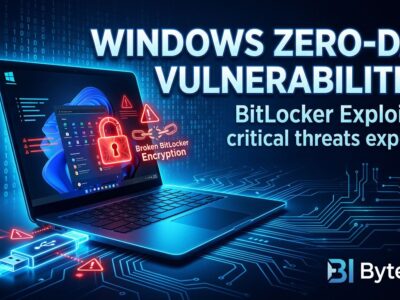 Illustration of a USB drive bypassing BitLocker encryption on a Windows laptop, representing the YellowKey and GreenPlasma zero-day vulnerabilities