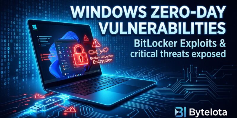 Illustration of a USB drive bypassing BitLocker encryption on a Windows laptop, representing the YellowKey and GreenPlasma zero-day vulnerabilities