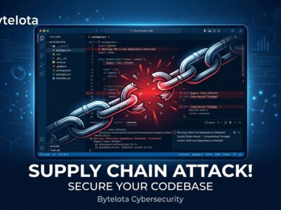 VS Code editor with red warning alerts showing a supply chain security attack compromising developer credentials