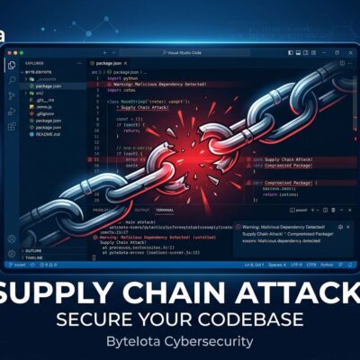 VS Code editor with red warning alerts showing a supply chain security attack compromising developer credentials