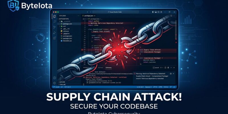 VS Code editor with red warning alerts showing a supply chain security attack compromising developer credentials