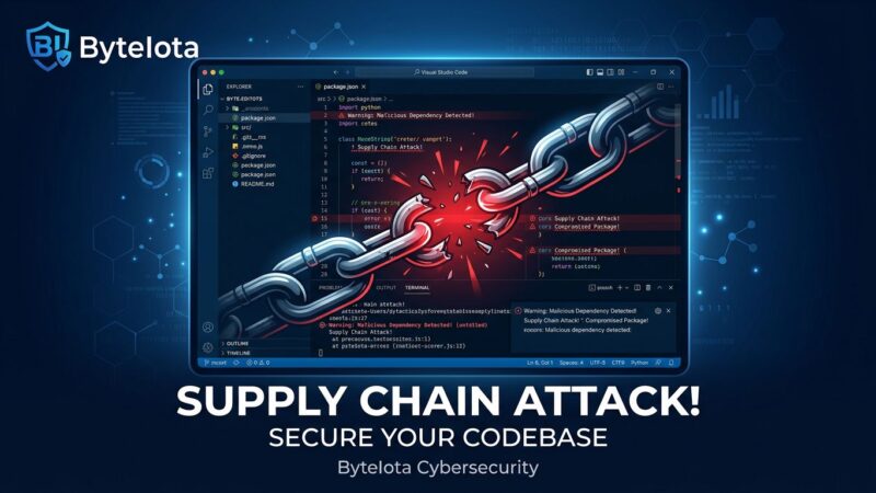 VS Code editor with red warning alerts showing a supply chain security attack compromising developer credentials