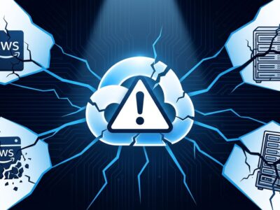 GCP logo with fracture lines radiating to AWS and bare-metal servers showing the blast radius of Railway cloud vendor outage