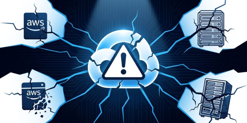 GCP logo with fracture lines radiating to AWS and bare-metal servers showing the blast radius of Railway cloud vendor outage