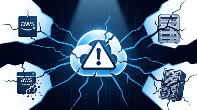 GCP logo with fracture lines radiating to AWS and bare-metal servers showing the blast radius of Railway cloud vendor outage