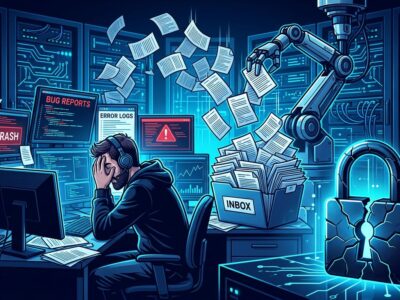 Overflowing inbox of AI-generated bug reports overwhelming a developer, representing the AI slop crisis in bug bounty programs