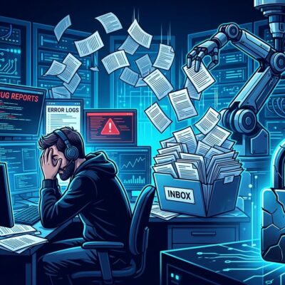 Overflowing inbox of AI-generated bug reports overwhelming a developer, representing the AI slop crisis in bug bounty programs