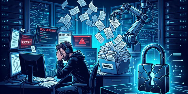 Overflowing inbox of AI-generated bug reports overwhelming a developer, representing the AI slop crisis in bug bounty programs