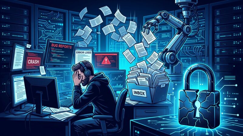 Overflowing inbox of AI-generated bug reports overwhelming a developer, representing the AI slop crisis in bug bounty programs