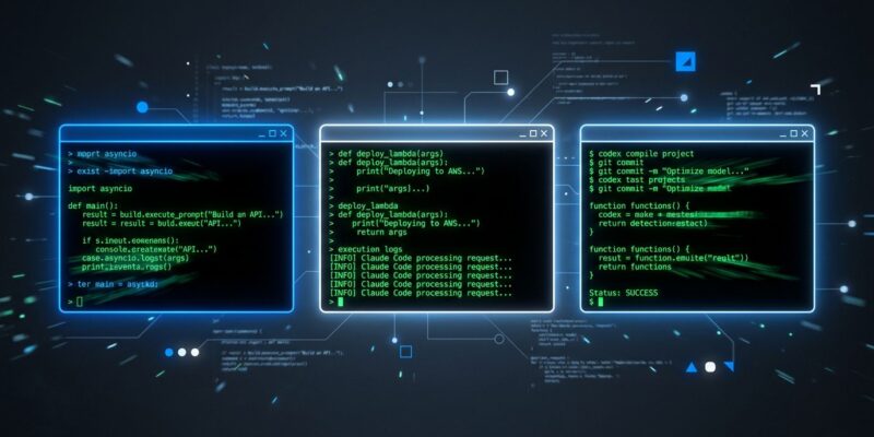 Three terminal windows showing Grok Build, Claude Code, and Codex CLI AI coding agents side by side