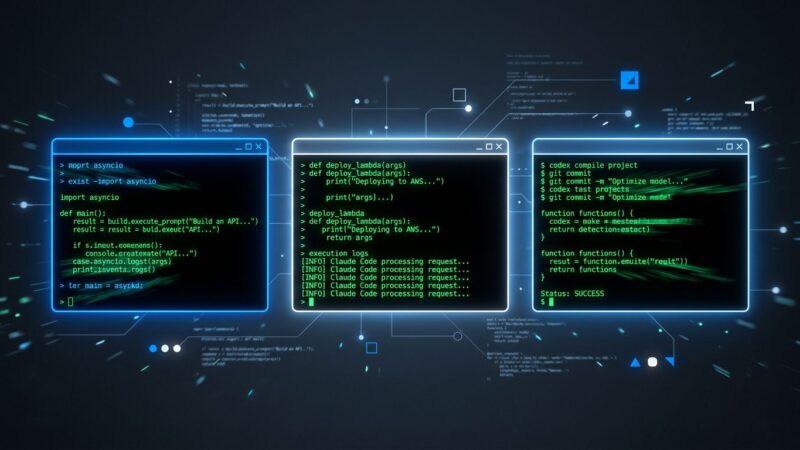 Three terminal windows showing Grok Build, Claude Code, and Codex CLI AI coding agents side by side