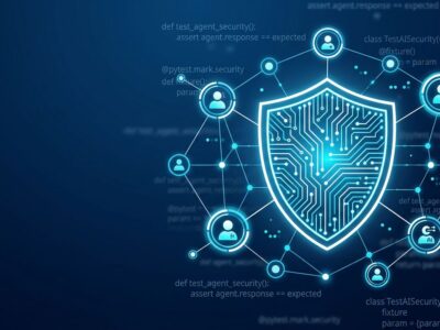 Shield with circuit pattern representing AI agent security testing with RAMPART and Clarity tools by Microsoft