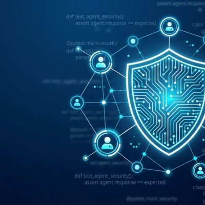 Shield with circuit pattern representing AI agent security testing with RAMPART and Clarity tools by Microsoft