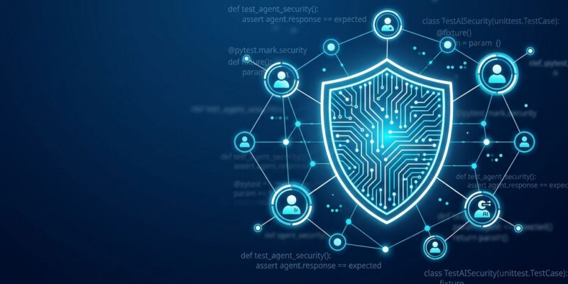 Shield with circuit pattern representing AI agent security testing with RAMPART and Clarity tools by Microsoft