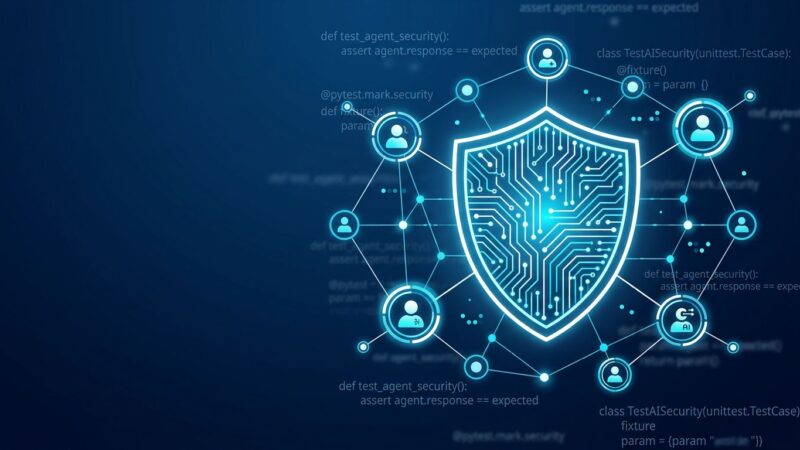 Shield with circuit pattern representing AI agent security testing with RAMPART and Clarity tools by Microsoft