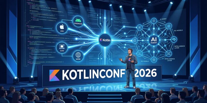 KotlinConf 2026 conference keynote featuring Kotlin Toolchain, Koog stable AI agents, and multiplatform development announcements
