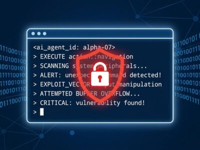 Terminal window with code and red security warning shield representing Semantic Kernel RCE vulnerabilities CVE-2026-25592 and CVE-2026-26030