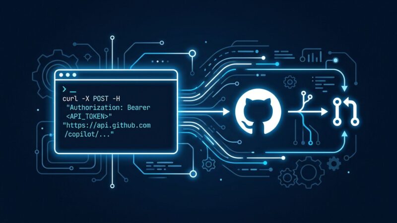 GitHub Copilot Agent Tasks REST API - terminal with curl command connected to GitHub octocat and pull request workflow automation