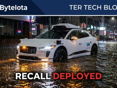 Waymo robotaxi stranded in flooded Atlanta street at night, emergency warning lights reflecting in floodwater