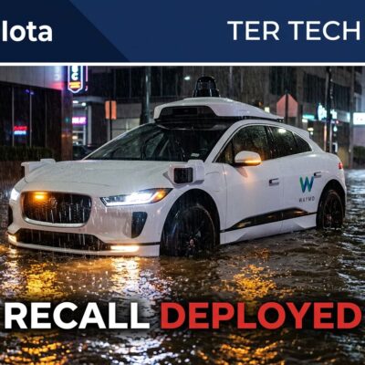 Waymo robotaxi stranded in flooded Atlanta street at night, emergency warning lights reflecting in floodwater