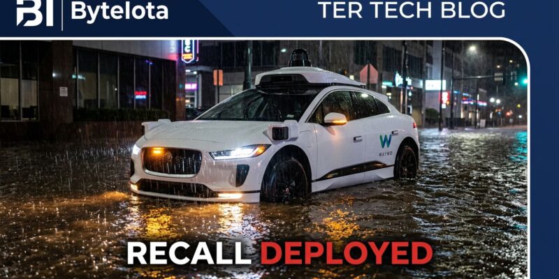 Waymo robotaxi stranded in flooded Atlanta street at night, emergency warning lights reflecting in floodwater