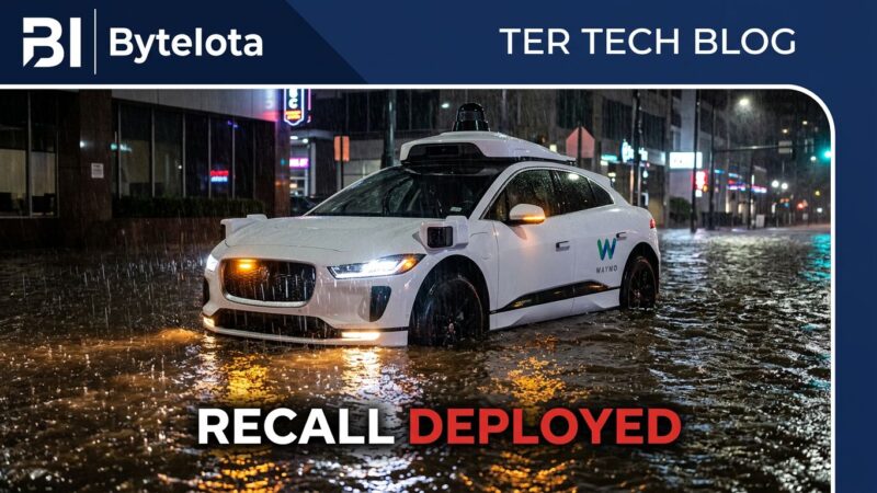 Waymo robotaxi stranded in flooded Atlanta street at night, emergency warning lights reflecting in floodwater