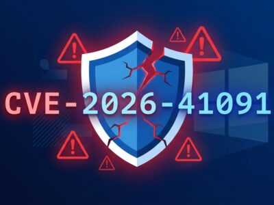Cracked shield icon representing Microsoft Defender zero-day vulnerabilities CVE-2026-41091 and CVE-2026-45498 with warning indicators