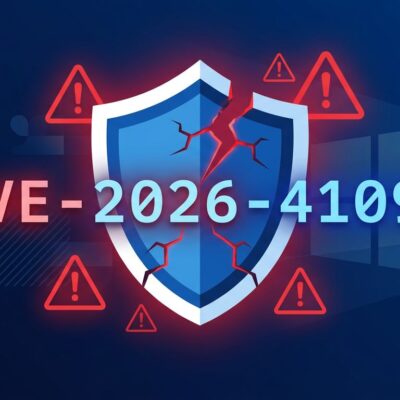 Cracked shield icon representing Microsoft Defender zero-day vulnerabilities CVE-2026-41091 and CVE-2026-45498 with warning indicators