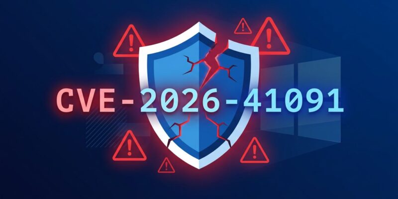 Cracked shield icon representing Microsoft Defender zero-day vulnerabilities CVE-2026-41091 and CVE-2026-45498 with warning indicators