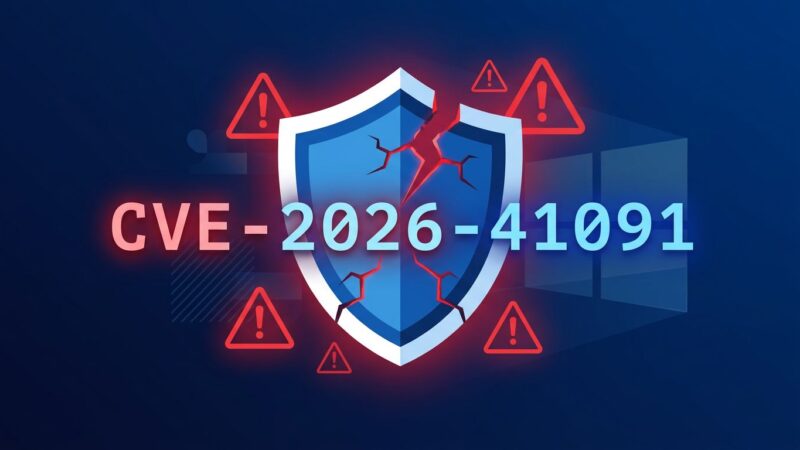 Cracked shield icon representing Microsoft Defender zero-day vulnerabilities CVE-2026-41091 and CVE-2026-45498 with warning indicators