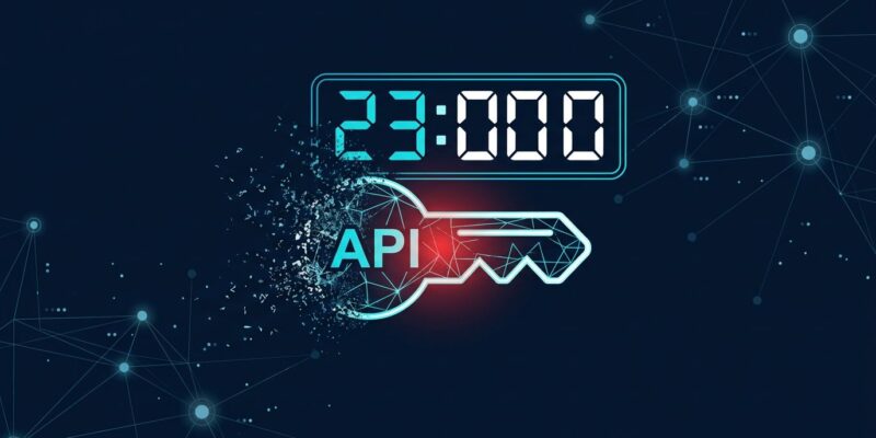 Illustration of a Google API key icon dissolving with a 23-minute countdown timer, representing the security vulnerability where deleted keys remain active