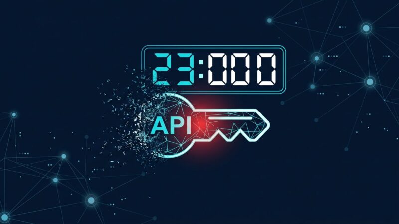 Illustration of a Google API key icon dissolving with a 23-minute countdown timer, representing the security vulnerability where deleted keys remain active