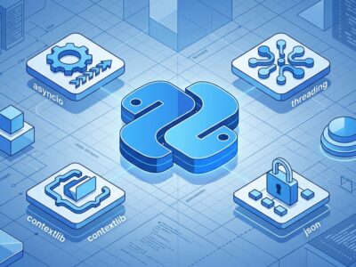 Isometric illustration of Python 3.15 with asyncio, threading, contextlib, and frozendict modules orbiting a central Python logo