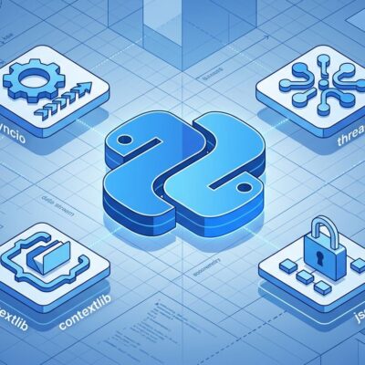 Isometric illustration of Python 3.15 with asyncio, threading, contextlib, and frozendict modules orbiting a central Python logo