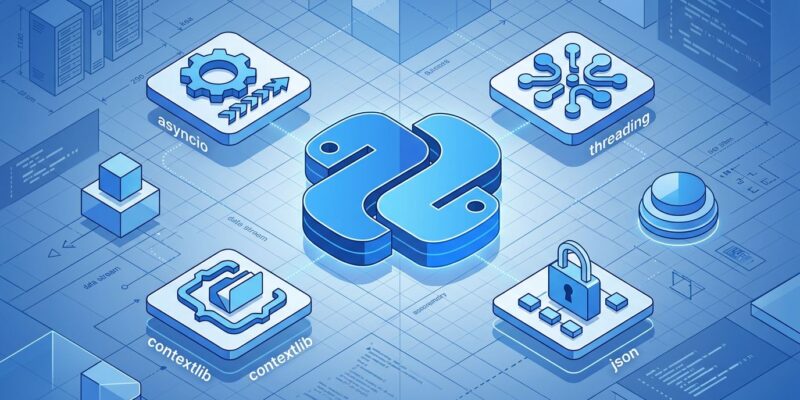 Isometric illustration of Python 3.15 with asyncio, threading, contextlib, and frozendict modules orbiting a central Python logo