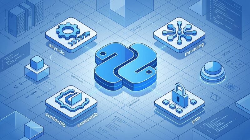 Isometric illustration of Python 3.15 with asyncio, threading, contextlib, and frozendict modules orbiting a central Python logo