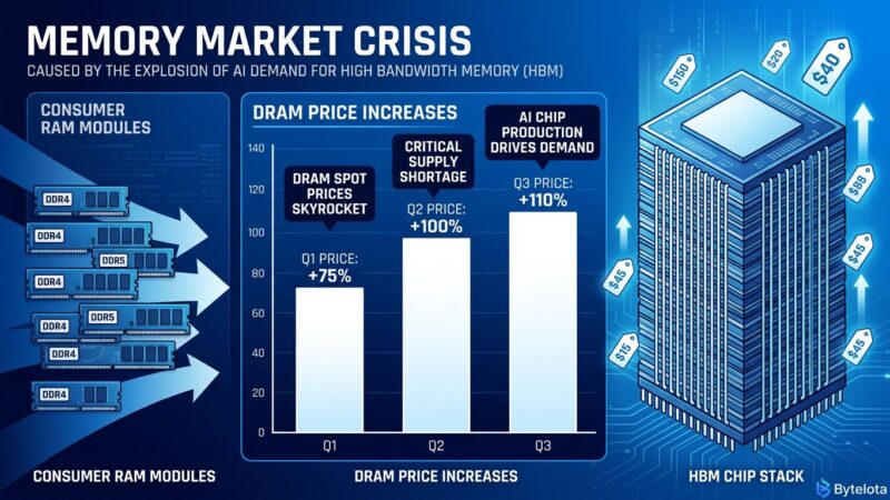 Data visualization showing DRAM and HBM memory price increases in 2026 due to AI data center demand