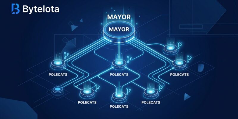 Gas Town by Kilo multi-agent orchestration diagram showing Mayor hub connected to Polecat worker agents with git branches