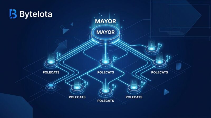 Gas Town by Kilo multi-agent orchestration diagram showing Mayor hub connected to Polecat worker agents with git branches