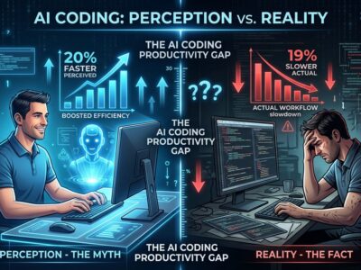 Split-screen showing developer perceiving 20% faster productivity with AI on left versus actual 19% slower performance on right, illustrating perception gap