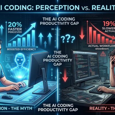 Split-screen showing developer perceiving 20% faster productivity with AI on left versus actual 19% slower performance on right, illustrating perception gap