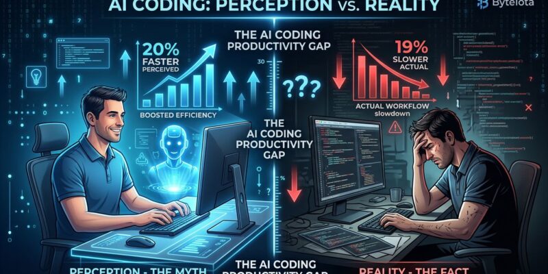 Split-screen showing developer perceiving 20% faster productivity with AI on left versus actual 19% slower performance on right, illustrating perception gap